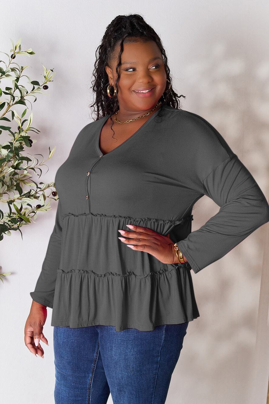 DOUBLE TAKE Dark Gray Button Tiered Long Sleeve Casual Top Women's Size 2X NEW